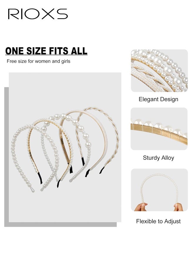 RIOXS 5-Piece Elegant Pearl-Embellished Hairband Set for Women, Retro-inspired Double-Layer Hair Accessories, Sweet and Fresh Layered Style, Perfect for Weddings, Parties, and Everyday Fashion Outfits - Image 4